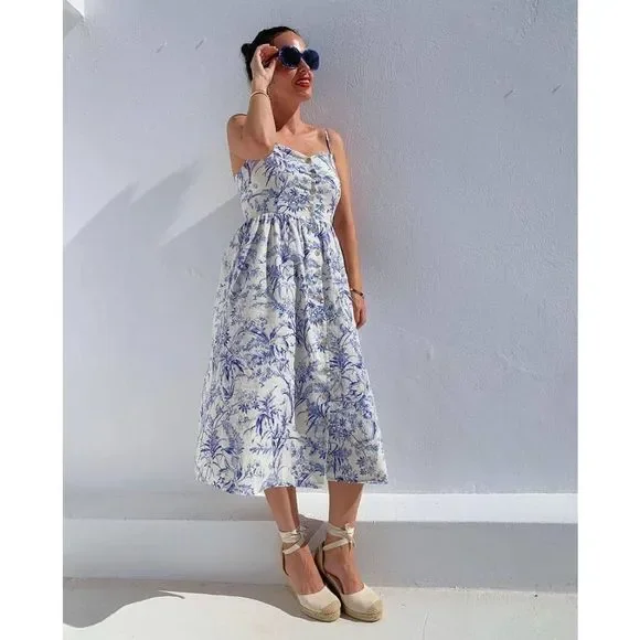 h&m blue midi dress Ladies - White/Floral Strappy Midi Dress - Size: XXL